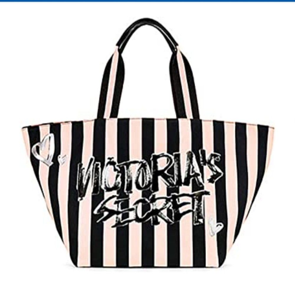 💜 Victoria's Secret Love Striped Canvas Weekender Tote Bag 🛍 Pink & Black